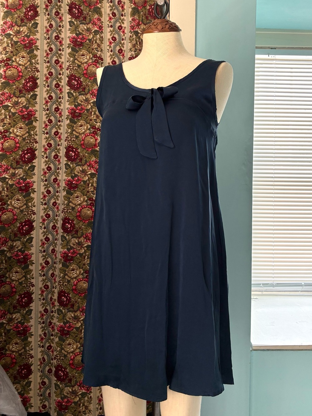 NWOT 100% Silk Navy Blue Slip Dress Vintage Inspired Bow Lingerie Dress XS